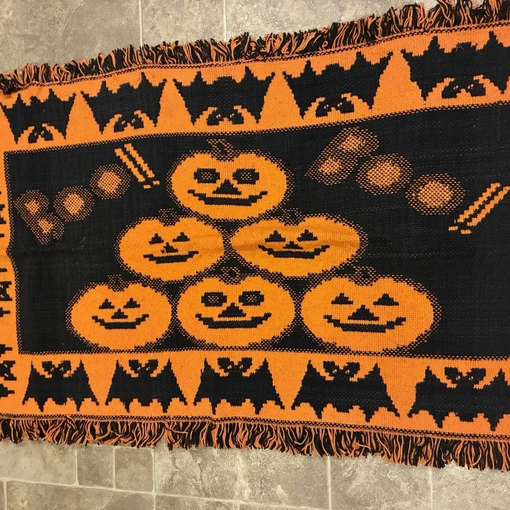 Vtg 1996 Windham Trading Pumpkin Halloween Tapestry Rug Throw Decor 30 X 48